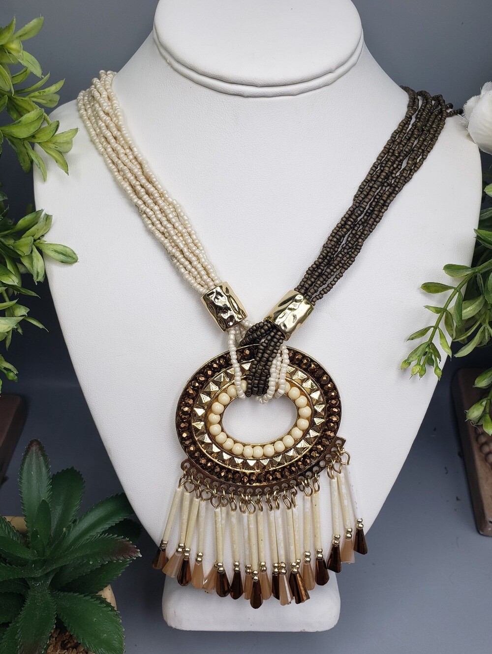 Boho Festival Multi-Strand Beaded Statement Necklace - Cream & Brown BIG & BOLD